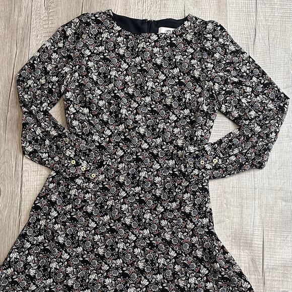 Ann Taylor LOFT Floral Midi Dress WMNS 2 Black Puff Sleeve High Neck Zip Slit LS - Picture 11 of 16